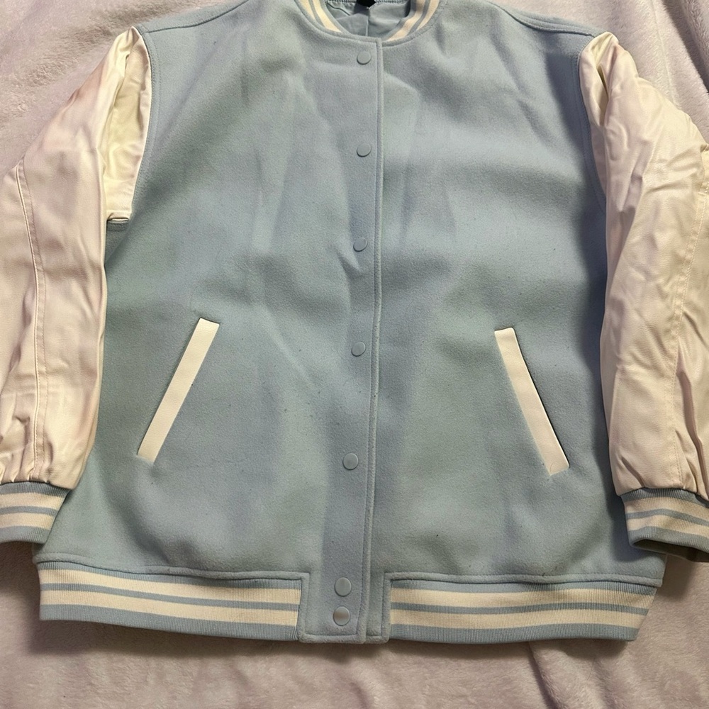 H&M Light Blue and Cream Varsity Jacket